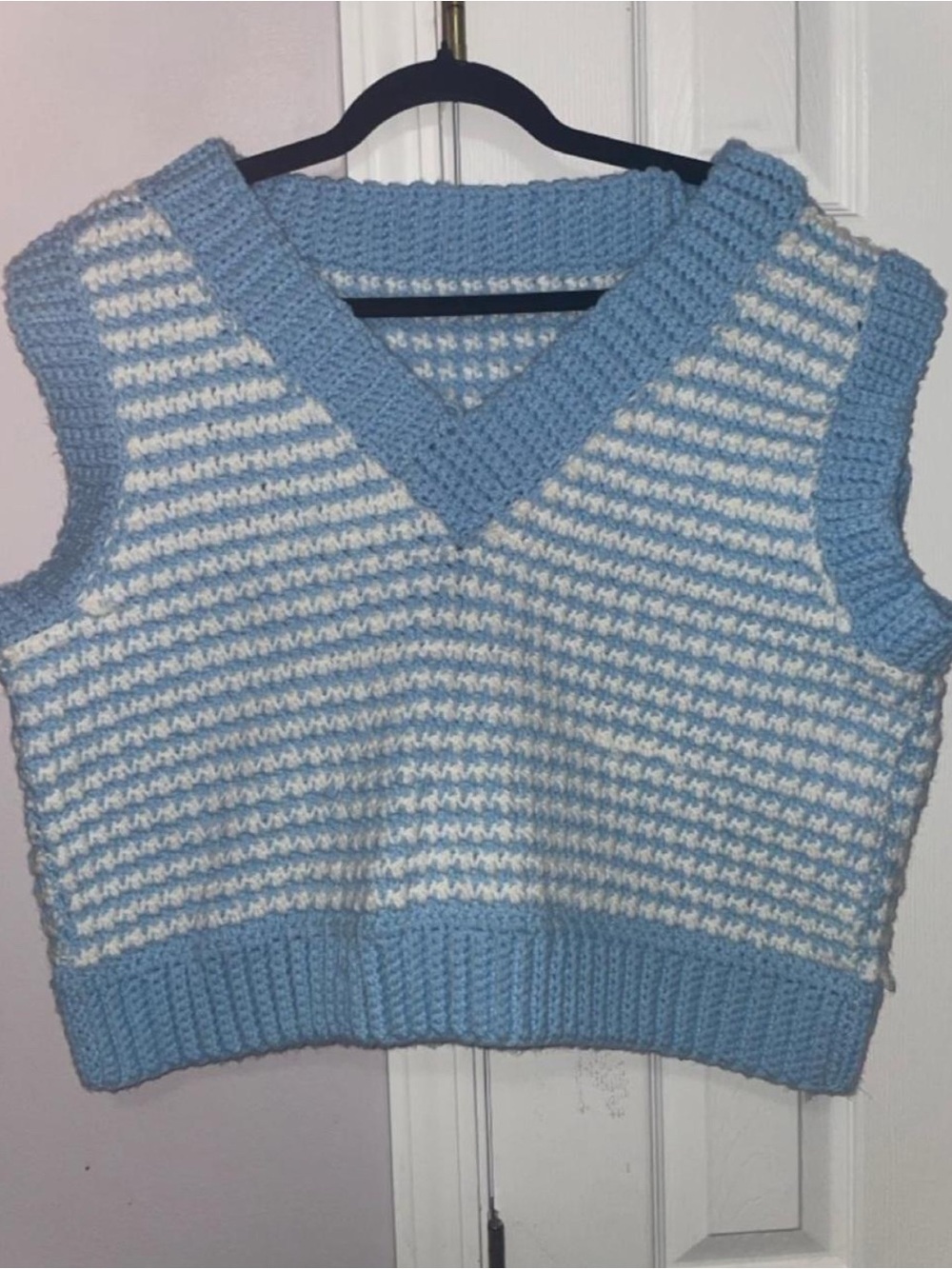Handmade Oversized Blue and White Crocheted Sweater Vest